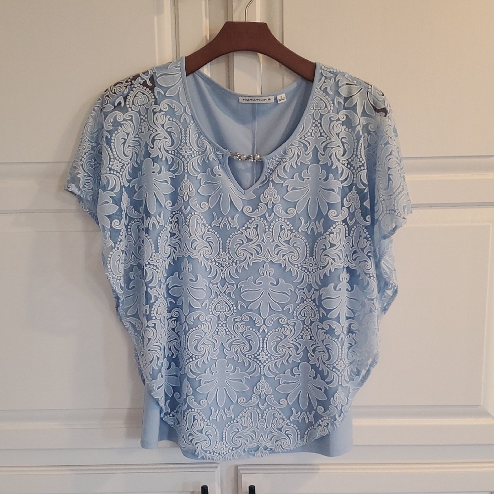 Light Blue Notations Top, Size Small,